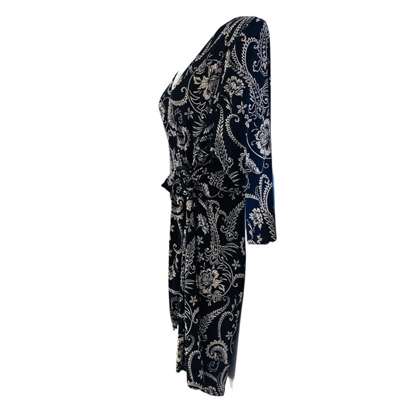 ⭐️Moci Purple Rain Navy Jersey Knit Floral Wrap Office Casual Date Night Dress - Picture 6 of 15